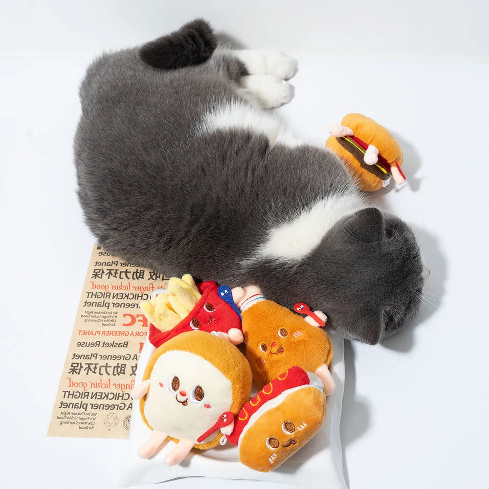 Cat mint plush chew toy set showing hamburger, chicken leg, fries, and hot dog shaped toys for kittens and cats