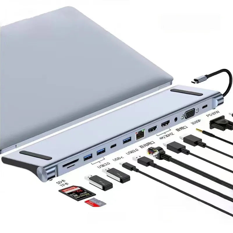 USB-C 7-in-1 aluminium expansion dock with HDMI port, USB ports, and card slots.
