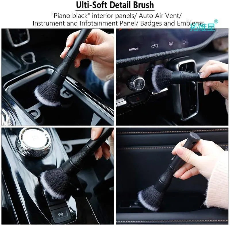 Black car detailing brush with ultra-soft pig hair bristles and a PP handle shown in two sizes: 240mm and 160mm.