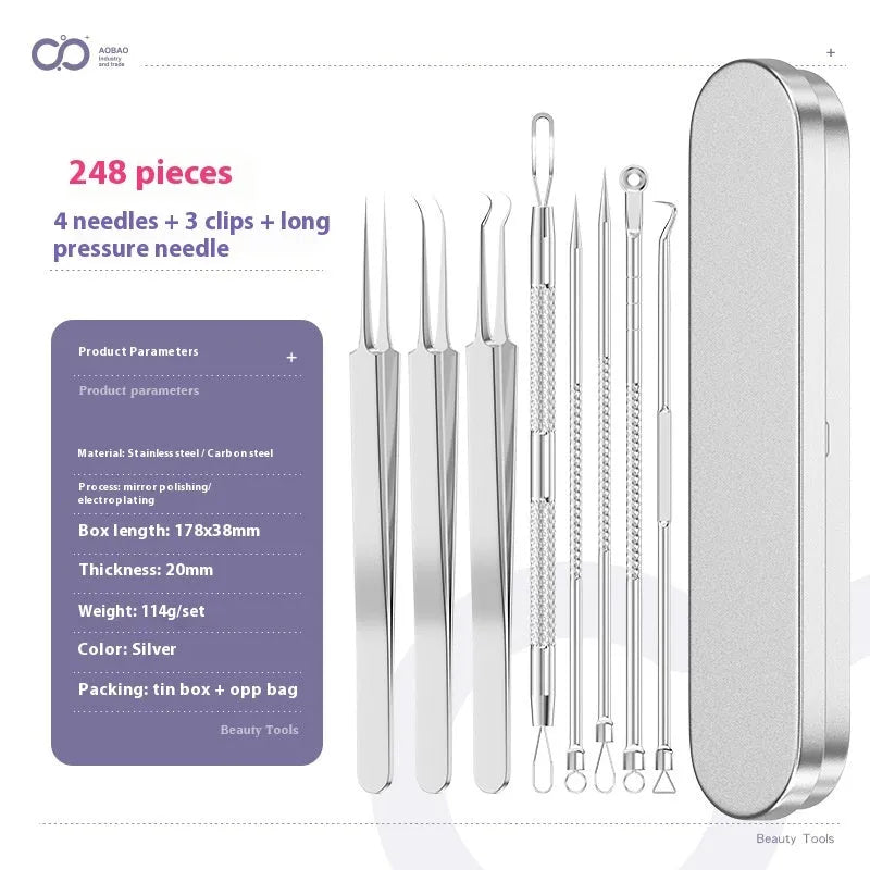 Four-piece stainless steel acne needle set with ultra-fine pointed tips and extraction clip on silver background