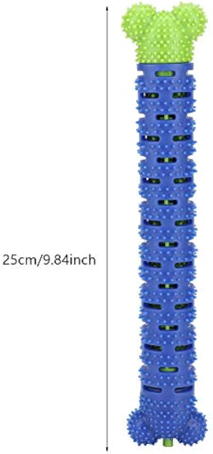 Blue green dog dental cleaning toy with silicone bristles and rope core measuring 25 cm