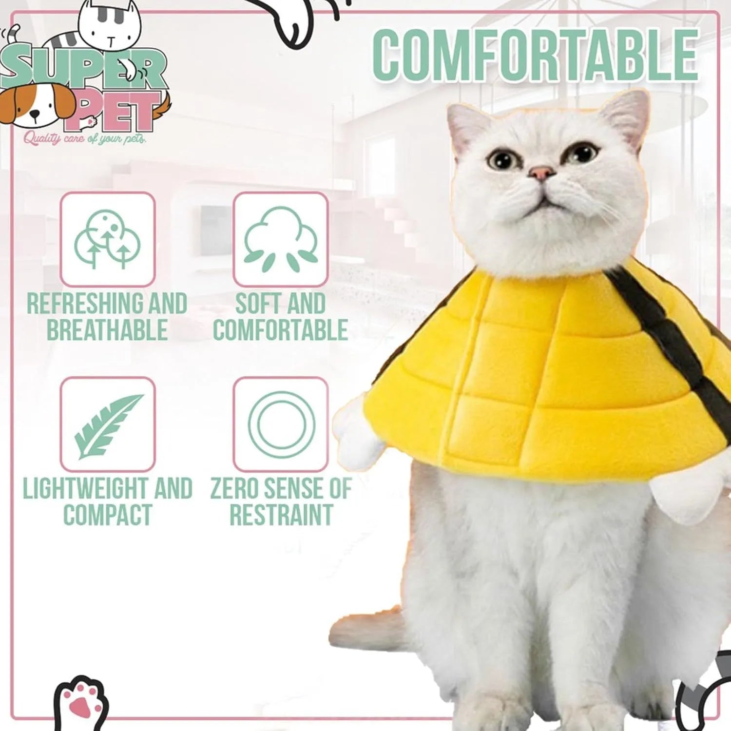 Soft white cat cone collar with black bee design and adjustable Velcro strap