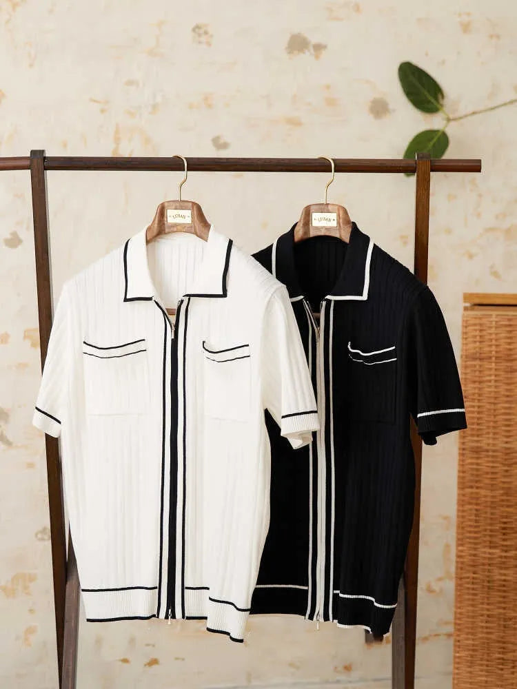 Slim fit men's polo shirt with elastic lapel collar in black and white colour options