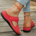 Roman style slippers with slope heel in six colour options showing fish mouth toe holder design