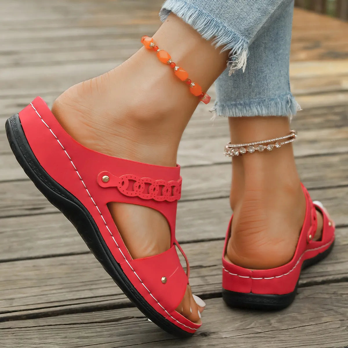 Roman style slippers with slope heel in six colour options showing fish mouth toe holder design