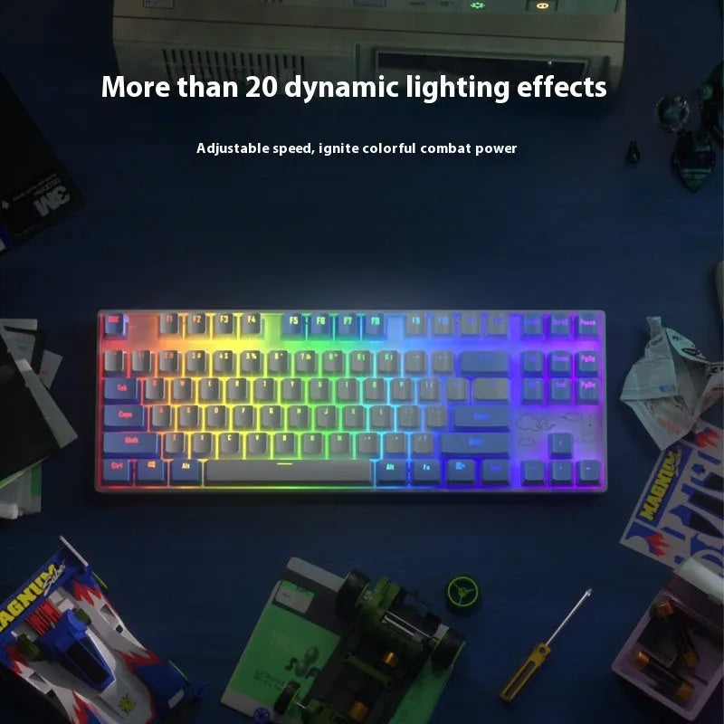 Wireless Bluetooth mechanical keyboard with metal board in purple-white or blue-white colour options