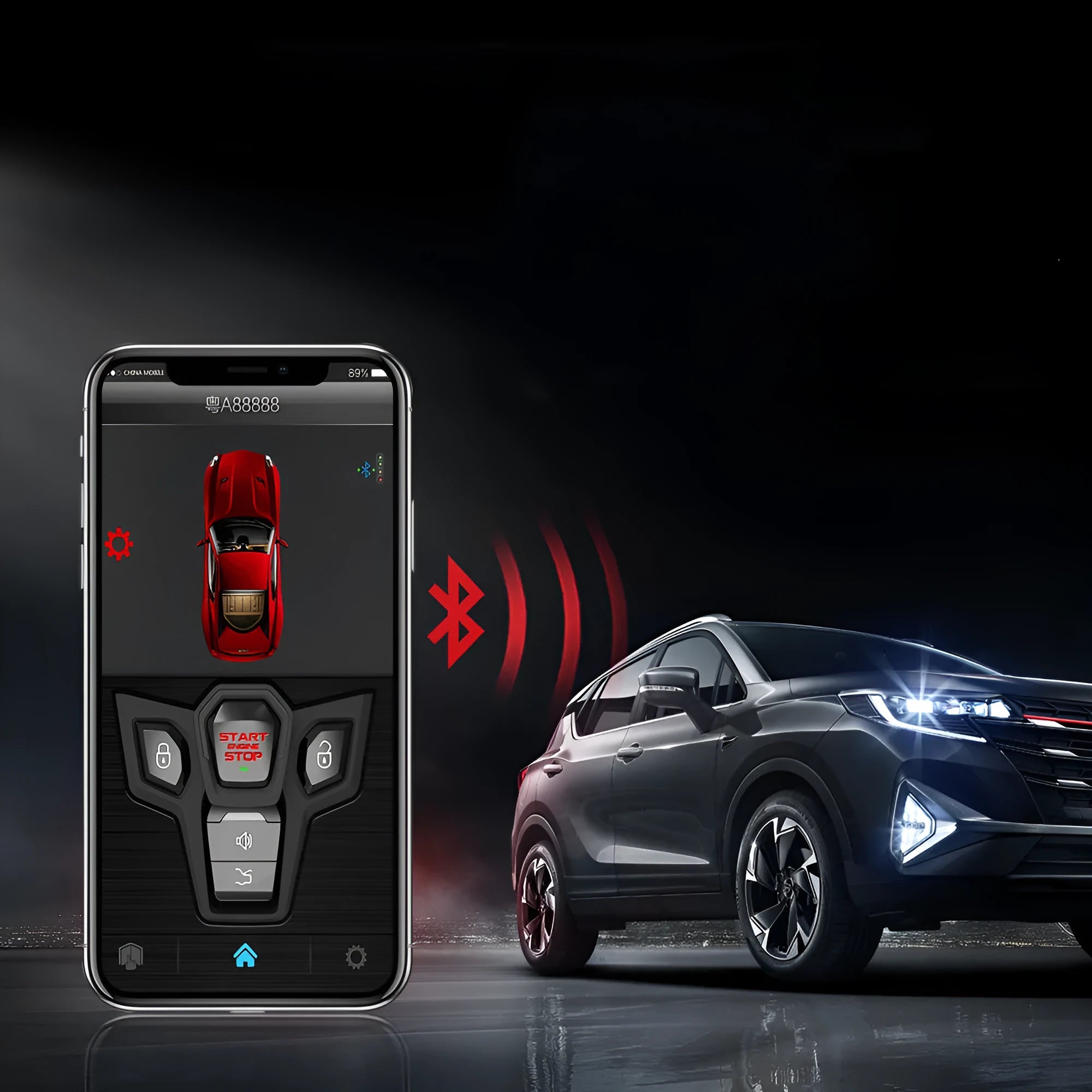 Red and black one-way remote car alarm system with GPS tracking and 3000m range