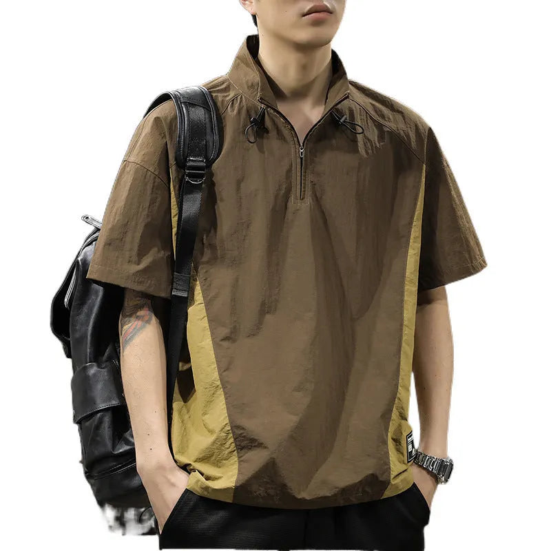 Men's brown half-zip stand collar business shirt with short sleeves and loose fit