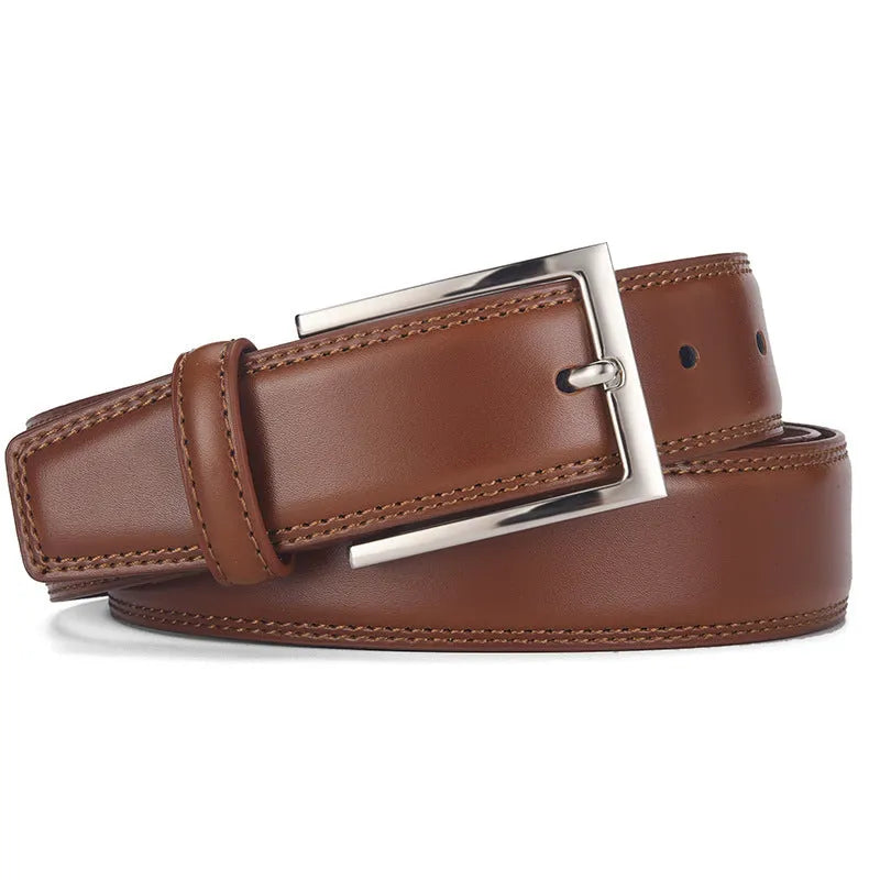 Men's black genuine leather belt with a silver alloy pin buckle fastened, showing glossy patent leather finish.