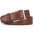 Men's black genuine leather belt with a silver alloy pin buckle fastened, showing glossy patent leather finish.