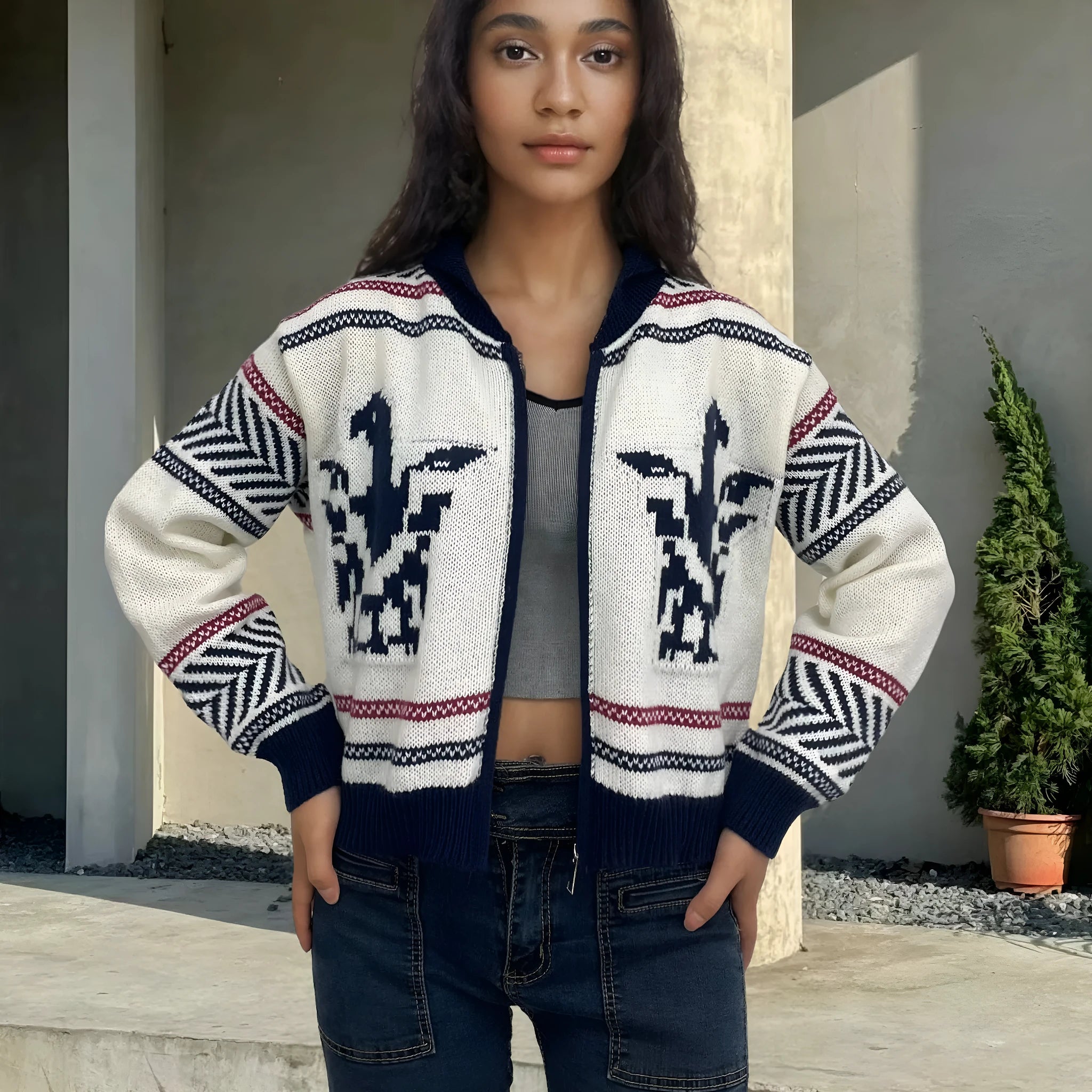 White women's zip-up cardigan with contrasting jacquard stripes and lapel collar