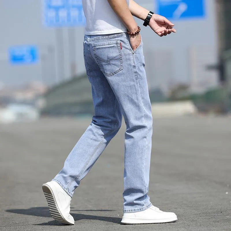 Men's smoky gray straight leg jeans with low waist and high elasticity rabbit fur blend fabric