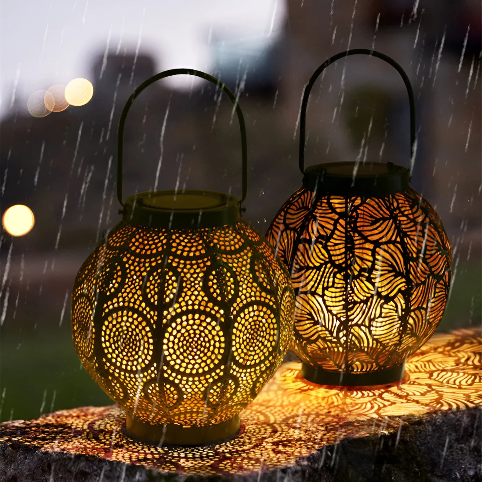 Solar outdoor courtyard hollow decorative iron portable lamp with warm white LED lighting