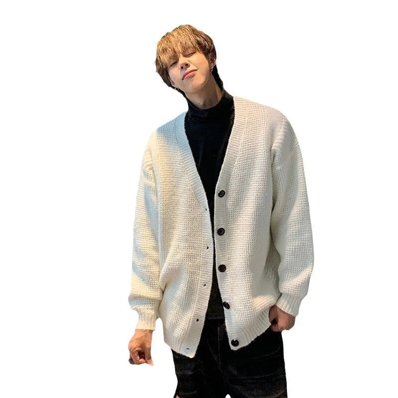 Men's loose V-neck cardigan sweater in cotton blend fabric available in five colours