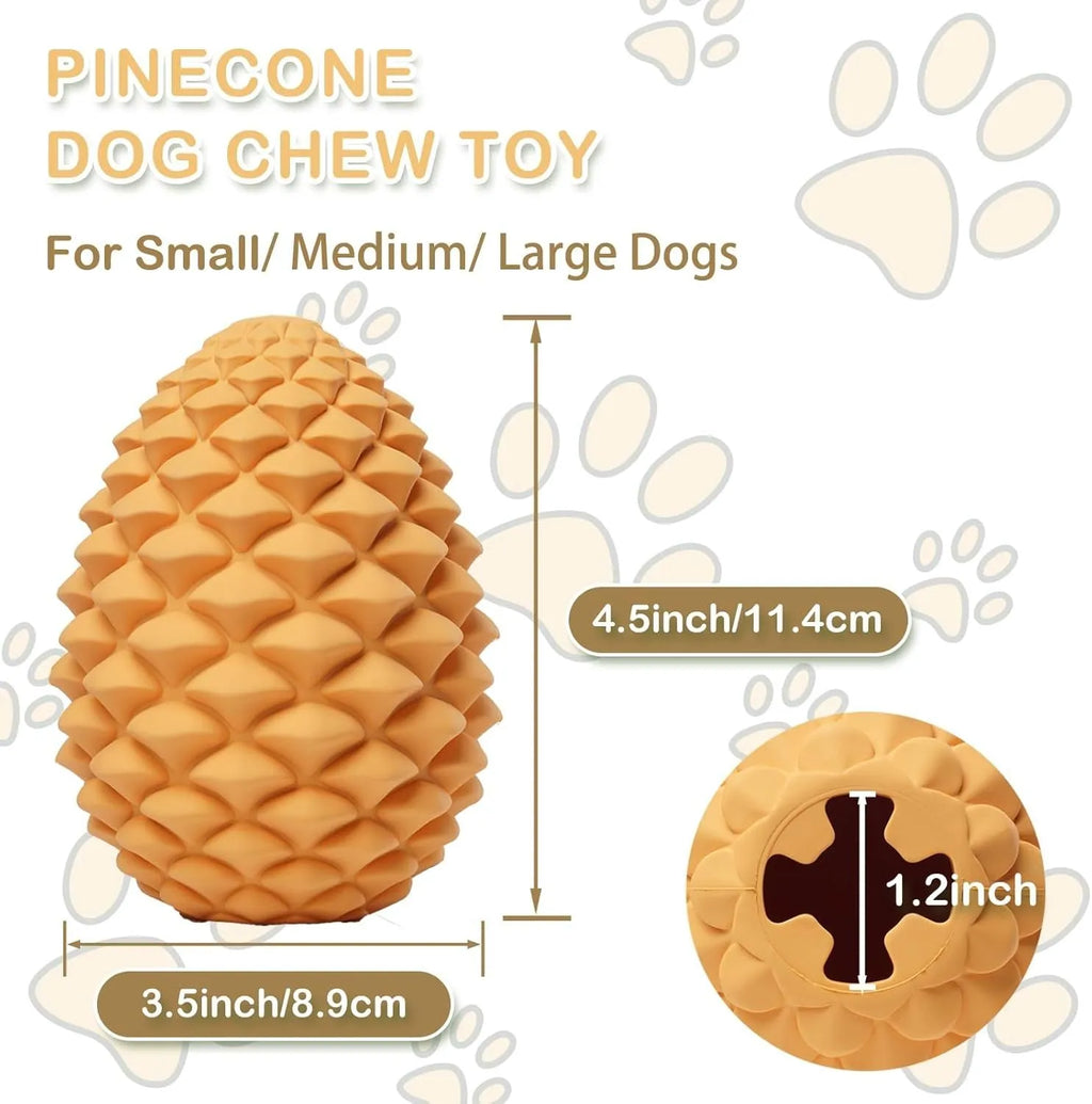 Yellow pine cone shaped dog chew toy with textures and a treat dispenser hole.