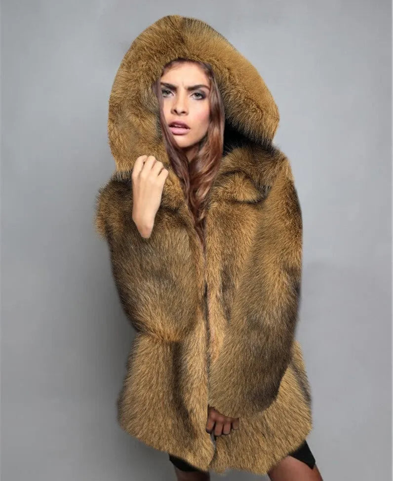 Silver grey women's loose-fit faux fur coat with regular sleeves, shown mid-length.