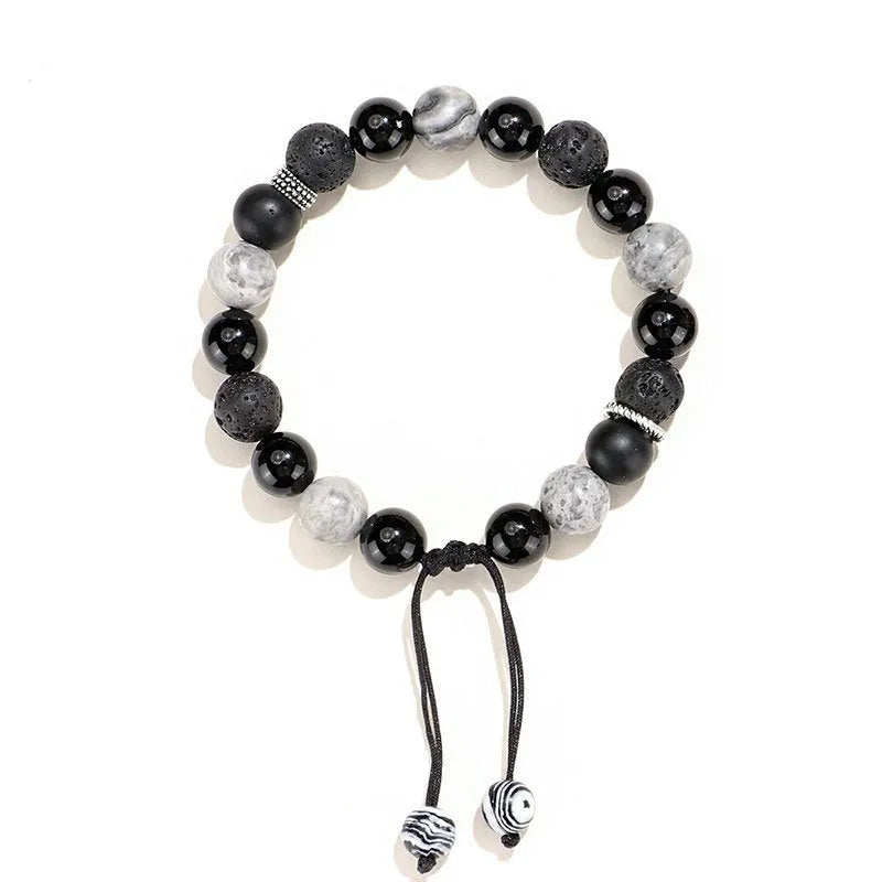 Black agate map stone and volcanic rock diamond-shaped beads on elastic cord bracelet, electroplated finish, 8mm size