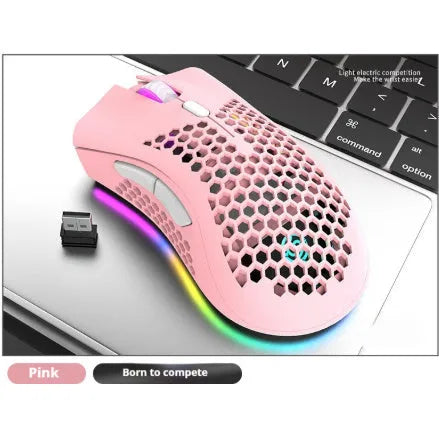 BM600 hollow-out luminous wireless gaming mouse in cyan, black, or white on a desktop.