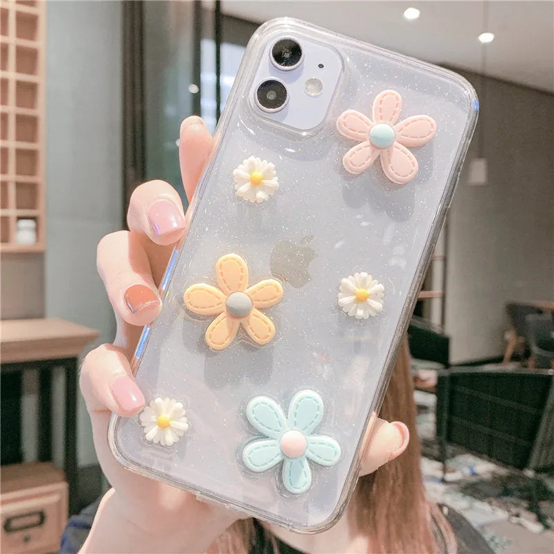 Soft rubber girl heart phone case with New Year's flowers design, compatible with various iPhone models