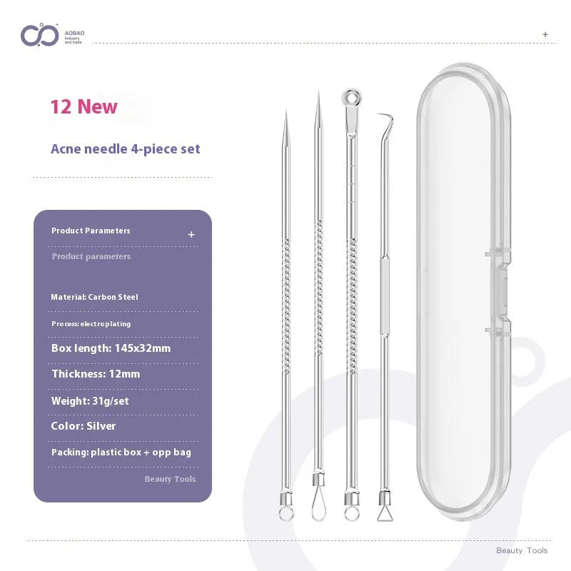 Four-piece stainless steel acne needle set with ultra-fine pointed tips and extraction clip on silver background