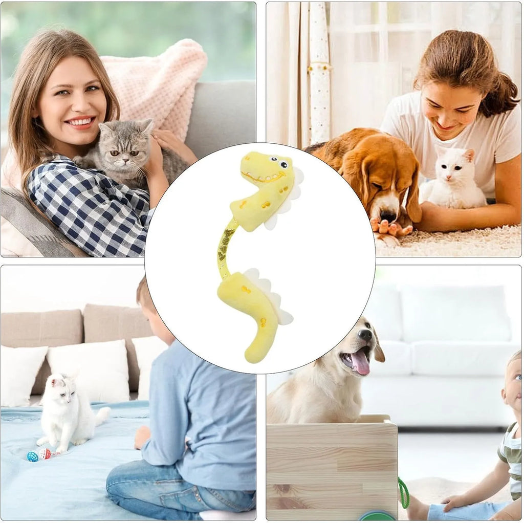 Set of four cat toys: catnip rope toys, springs, plush fish, mouse, and bunny designs in pink, purple, yellow