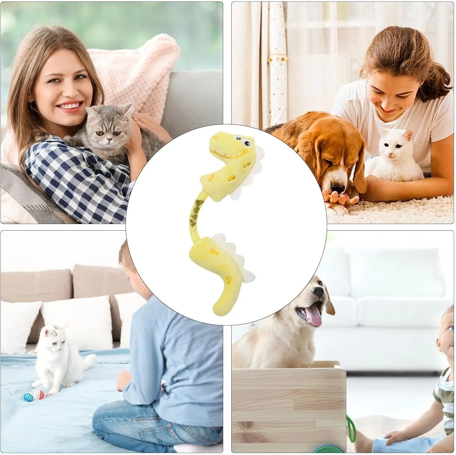 Set of four cat toys: catnip rope toys, springs, plush fish, mouse, and bunny designs in pink, purple, yellow