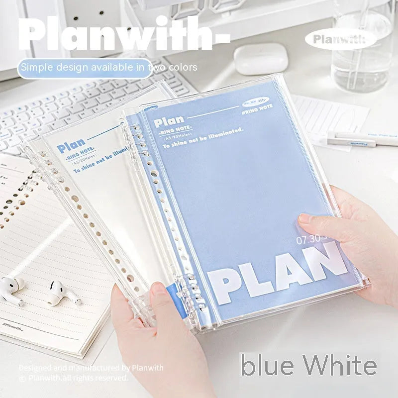 A5 PVC spiral notebook in blue or white colour with spiral binding for loose sheet storage