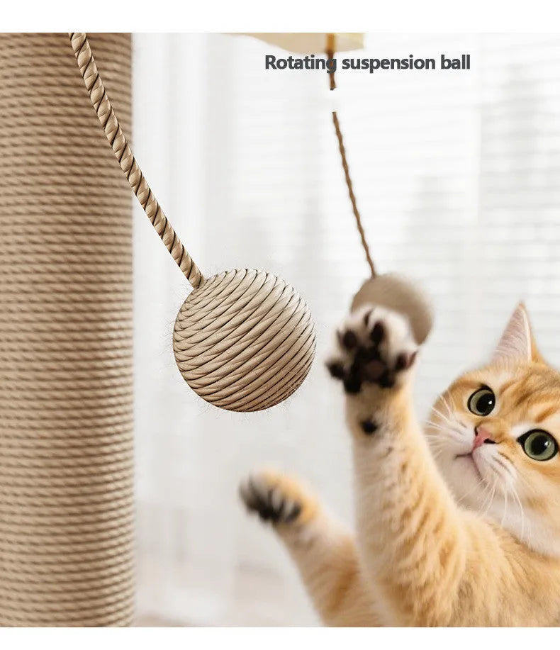 Windmill-style cat climbing frame toy with a hanging ball, made from pine wood and carpet leather.
