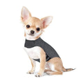 Heather grey dog anxiety vest made from brocade cotton ponte-de-roma, showing sizing from XXS to XXL.