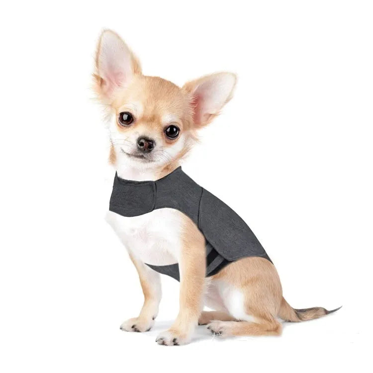 Heather grey dog anxiety vest made from brocade cotton ponte-de-roma, showing sizing from XXS to XXL.