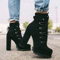 Women's suede high heel boots in army green with thick heel and waterproof platform