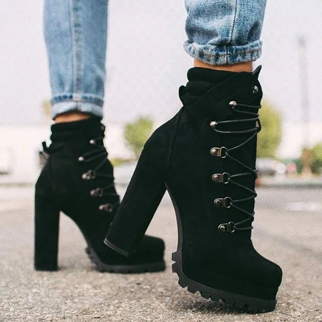 Women's suede high heel boots in army green with thick heel and waterproof platform