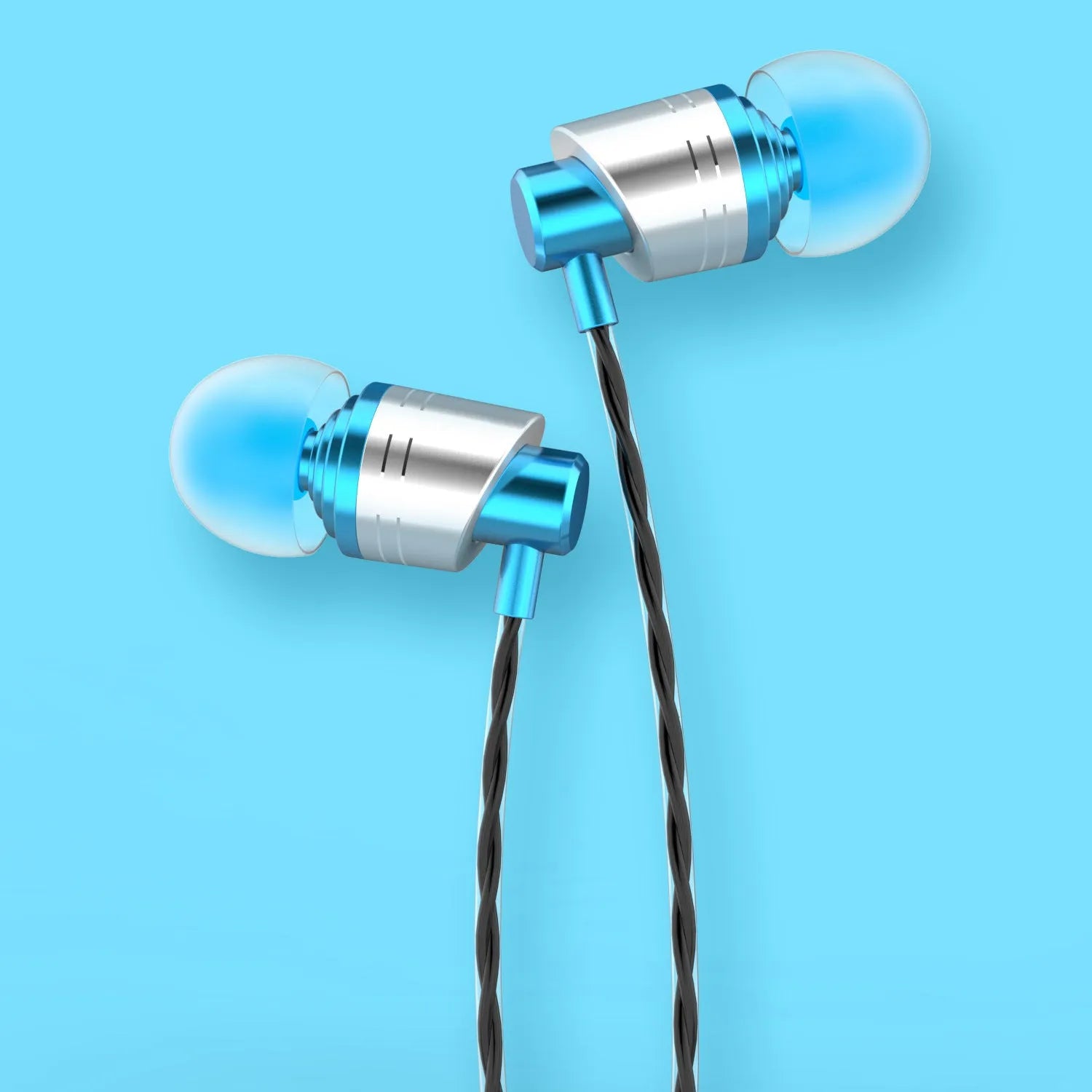 Black wired in-ear headphones with microphone, 3.5mm plug and silicone eartips on a white background