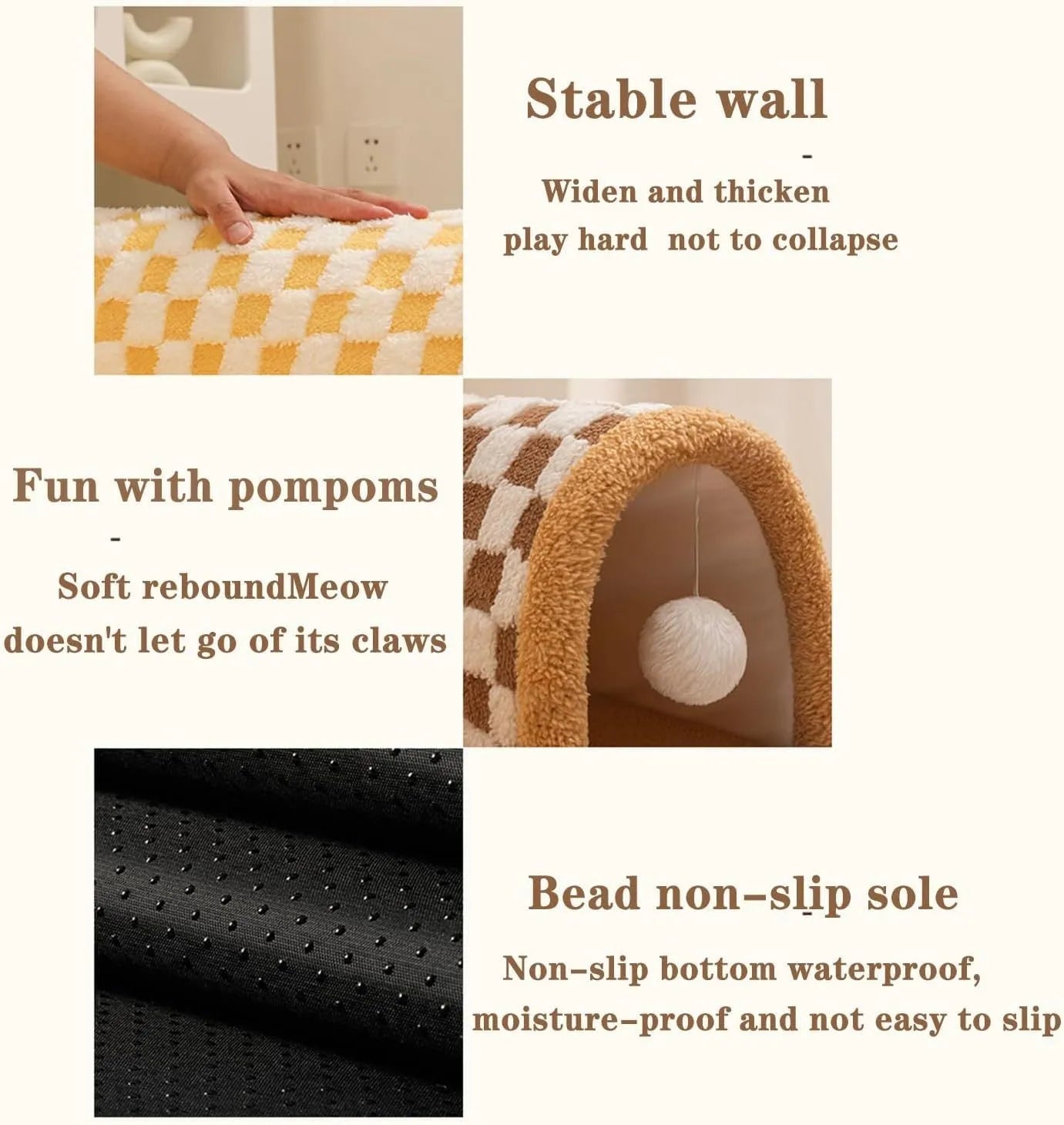 Plush plaid cat tunnel bed with central mat for indoor cats, brown colour, non-slip bottom