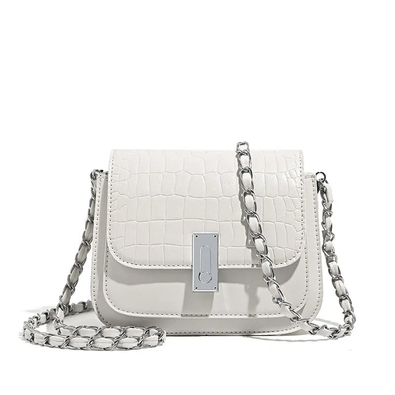 Women's soft PU chain shoulder bag in horizontal square shape with chain strap and sandwich pocket