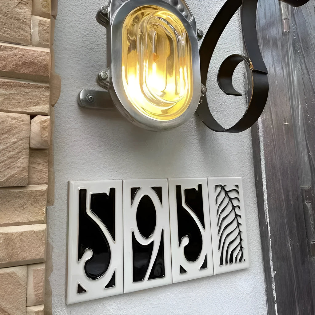 Handmade ceramic enamel door plate with retro style numbers measuring 76mm by 152mm