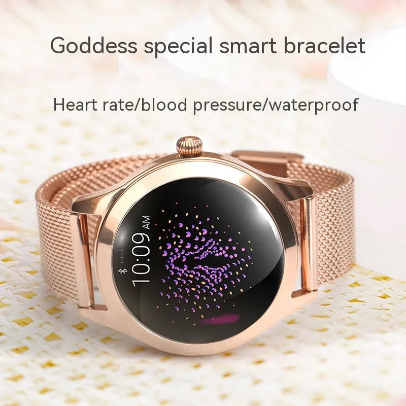 Women's sports smartwatch showing heart rate monitoring and available in four colours
