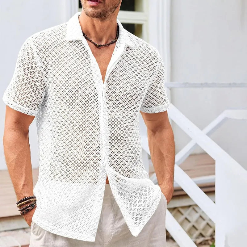 Men's short sleeve lapel shirt with mesh panels in beige, black, or white colour options