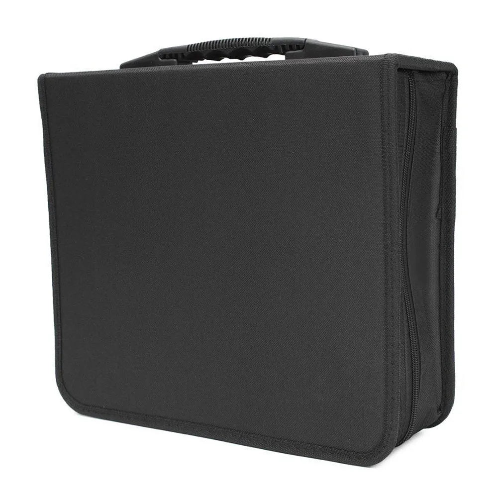 Black Oxford fabric CD storage binder with zipper and top carry strap