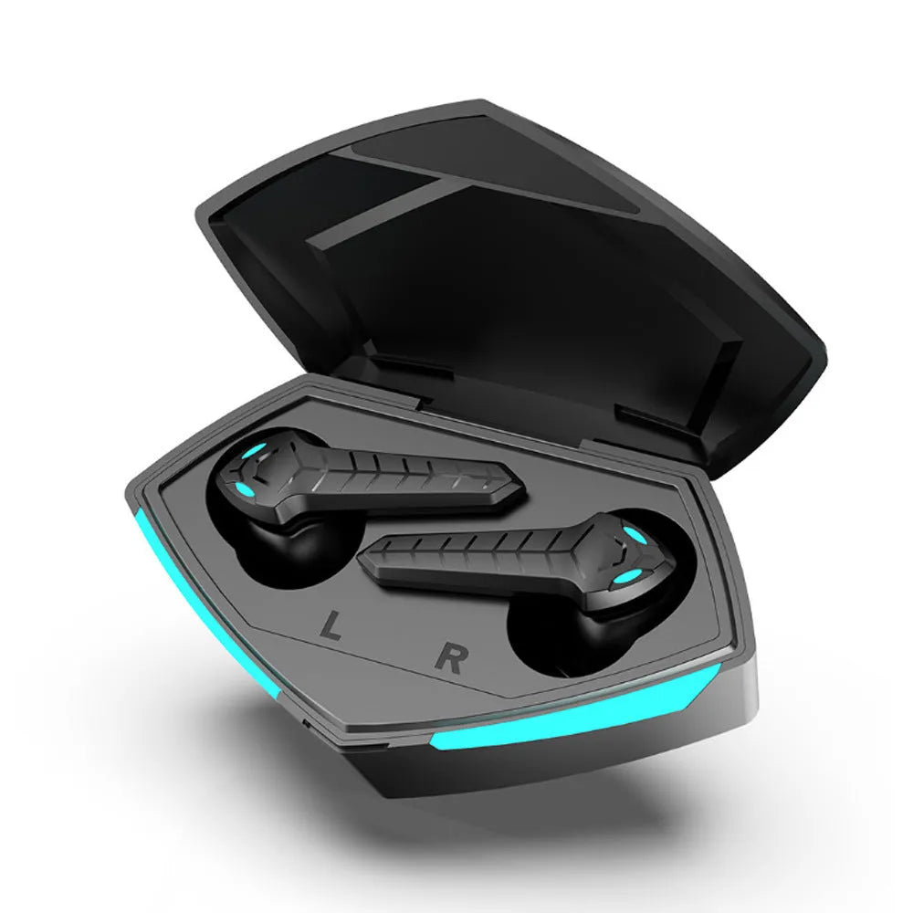 X15 wireless in-ear gaming headset with charging case showing Bluetooth 5.0 and IPX-4 waterproof features