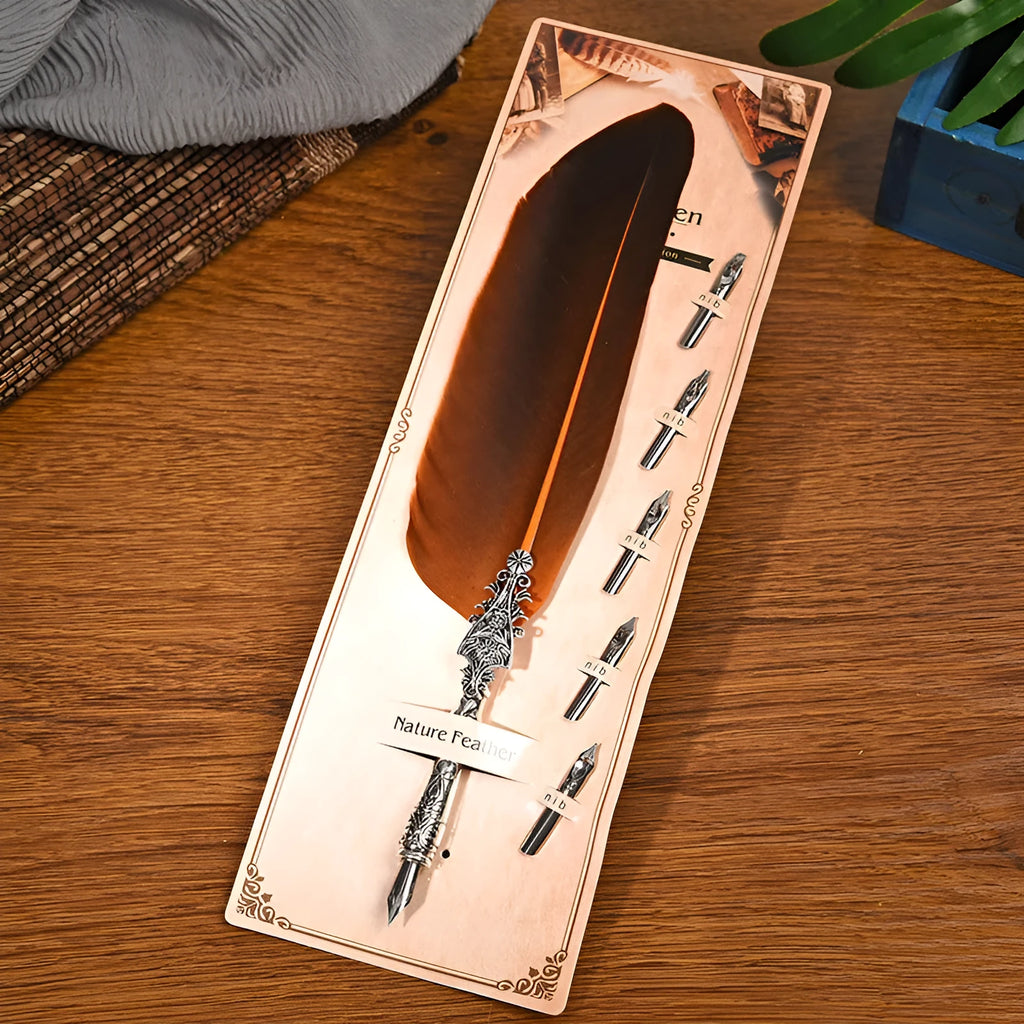 Vintage feather pen with zinc alloy shell in ten colour options showing retro design