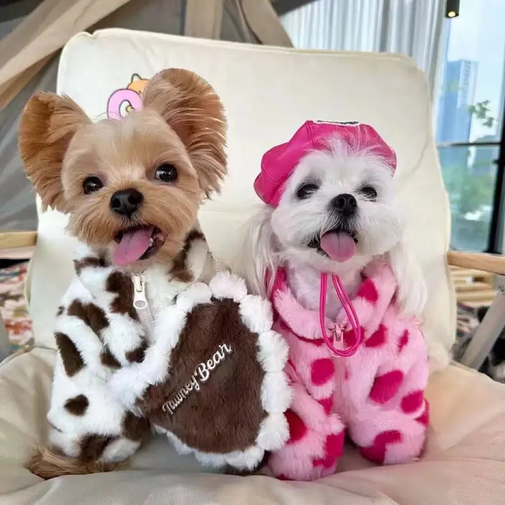 Polyester plush warm coat for small dog breeds in pink and brown colour options showing British-style design