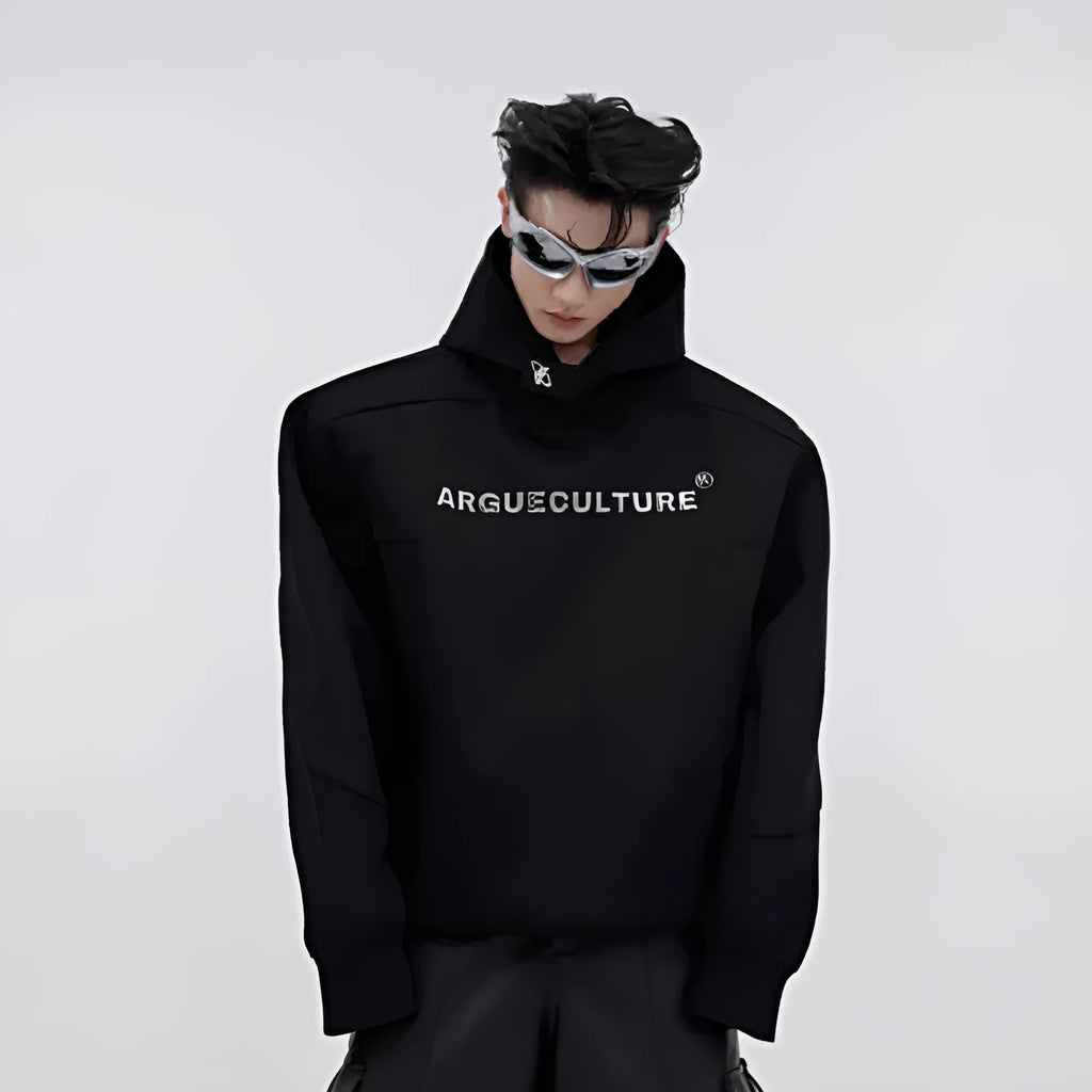 Men's loose hooded sweater with heavy shoulder pads and metallic three-dimensional printing in red colour