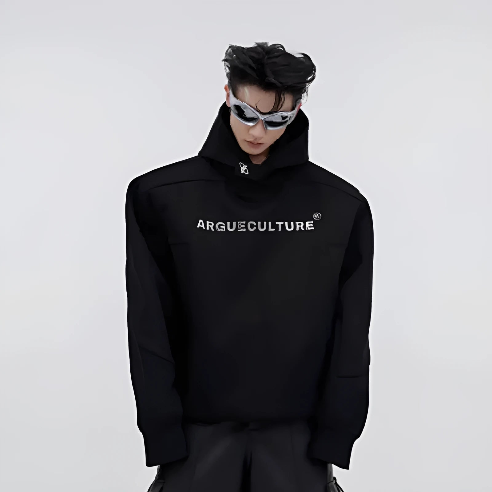 Men's loose hooded sweater with heavy shoulder pads and metallic three-dimensional printing in red colour