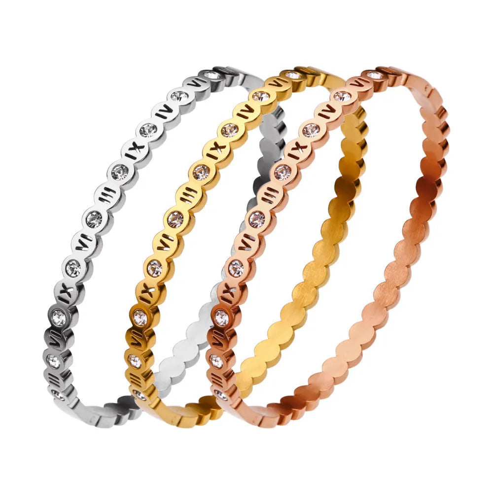 Korean style titanium steel bracelet with number details in gold, rose gold or steel colour