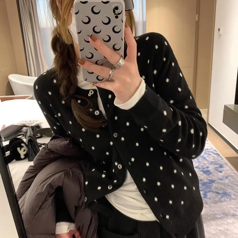 Women's grey dot pattern knitted cardigan with crocheted flower sleeves in loose fit free size