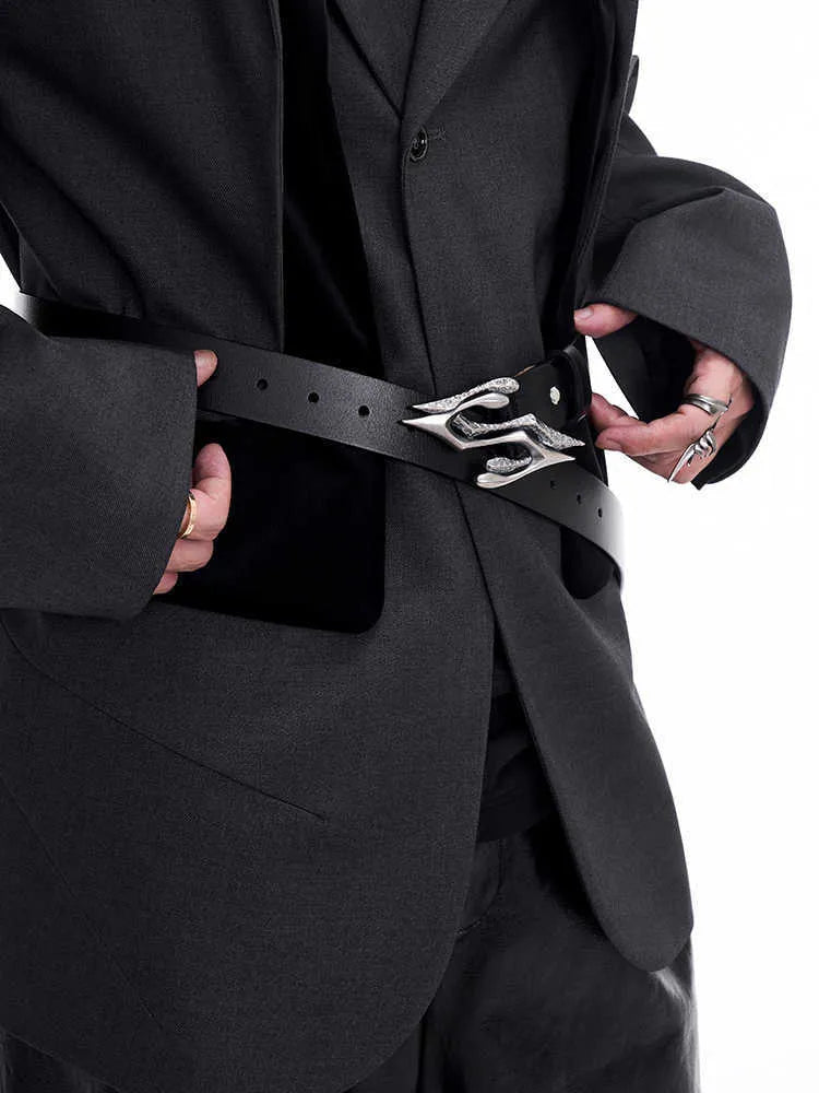 Black men's leather belt with metal letter buckle, showing two-layer cowhide construction.