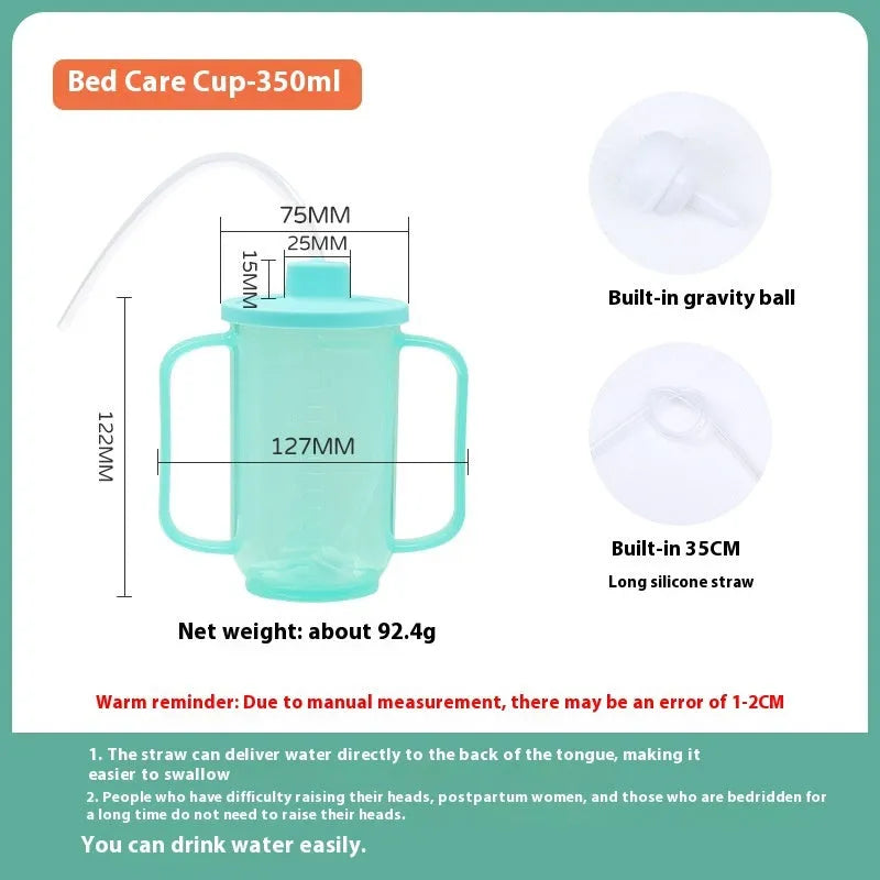 Oblique mouth choke-proof drinking cup for bed-bound adults with optional wrist splint attachment