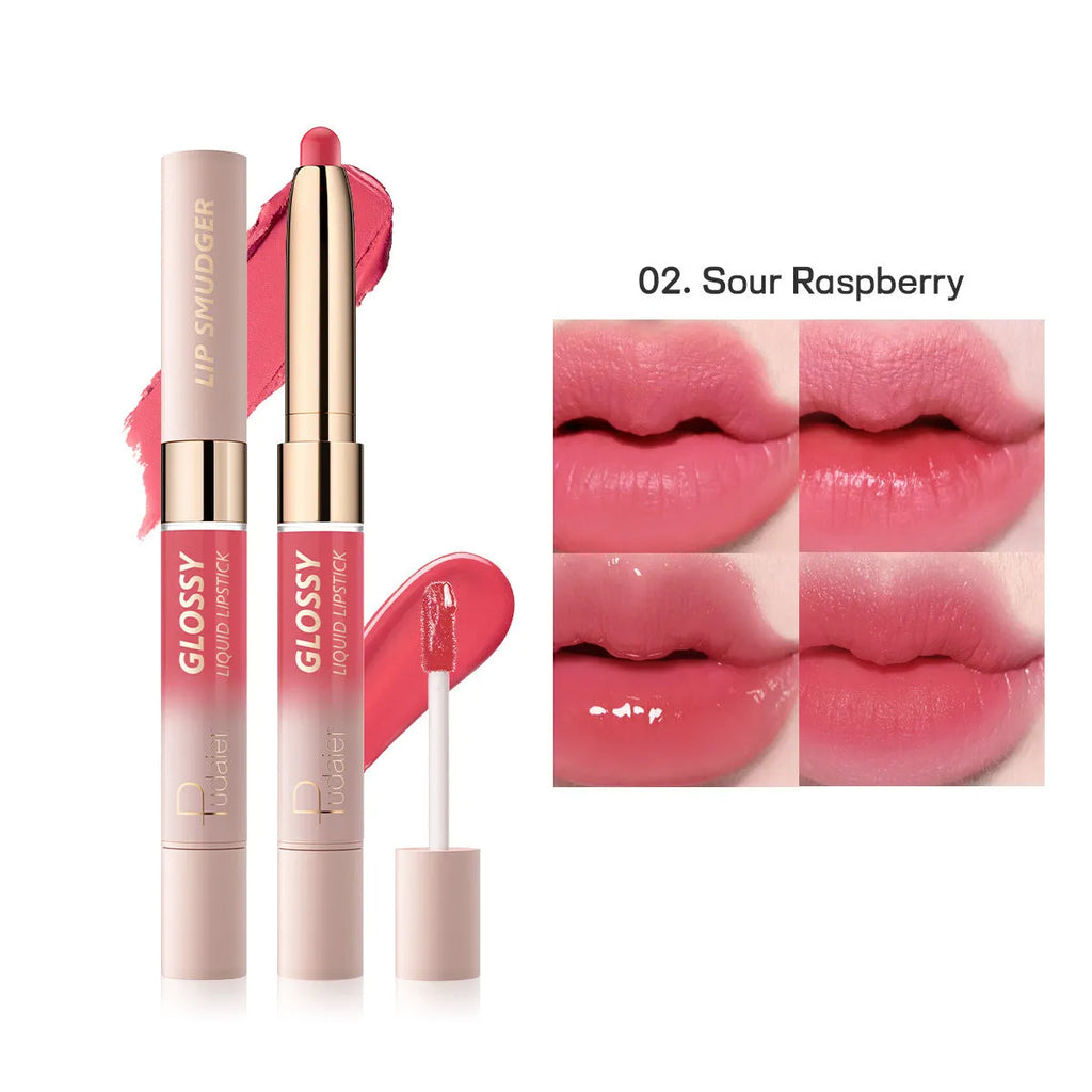 Double-headed lipstick showing matte colour and gloss ends with 10 colour options
