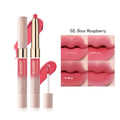 Double-headed lipstick showing matte colour and gloss ends with 10 colour options